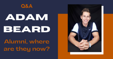 Blue background with burnt orange with an image of UT Journalism Alumni Adam Beard on the right. On the left at the top is the text "Q&A" in orange. Below that is, "Adam Beard" in white, all caps. Underneath that at the bottom left is the text, "Alumni, where are they now?" in orange.