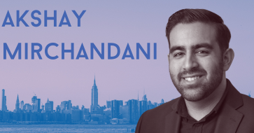 Photo of Akshay Mirchandani, head of audience development for Yahoo Sports, in front of a NYC skyline. At the top left is his name.