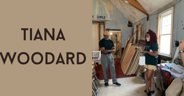 Tiana Woodard, standing doing an interview as a man films on the right. Text on the left says, "Tiana Woodard."